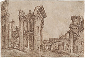 The Ruins of the Forum of Nerva, Rome, seen from the South-West, Matthijs Bril the Younger Netherlandish, Pen and brown ink