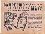 Flyer warning farmers from Zacatecas and Durango not to sell their crops under market value to profiteers, an image of a profiteer running away from a woman, Pablo Esteban O'Higgins  American, Photo-relief and letterpress on pale pink paper