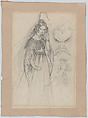 A Femme Fatale, a mask-like male face, and male figure seen from behind (recto). An angel descending stairs (verso), Theodor Richard Edward von Holst (British, London 1810–1844 London), Graphite