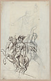 A nude youth on horseback, a male nude with raised arm, and a cloaked bearded man (recto). A sleeping girl and a man in medieval dress (verso), Theodor Richard Edward von Holst (British, London 1810–1844 London), Pen and ink and graphite (recto); graphite (verso)