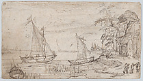 Riverscape with Two Sailboats and Several Figures; verso: A Mountainous Landscape near a River with a Horse-Drawn Barge and Several Figures, Cornelis Claesz. van Wieringen (Netherlandish, Haarlem ca. 1576–1633 Haarlem), Pen and brown ink; framing line in pen and brown ink, probably by the artist; verso: pen and brown ink