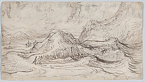 Riverscape with Two Sailboats and Several Figures; verso: A Mountainous Landscape near a River with a Horse-Drawn Barge and Several Figures, Cornelis Claesz. van Wieringen (Netherlandish, Haarlem ca. 1576–1633 Haarlem), Pen and brown ink; framing line in pen and brown ink, probably by the artist; verso: pen and brown ink
