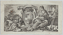 Vignette with shield of arms and an allegory for the Arts at right, Pierre Philippe Choffard French, Etching and engraving