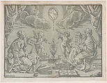 Allegory of a thesis, two women hold inscribed tablets, Bartolomeo Coriolano Italian, Chiaroscuro woodcut from two blocks printed and green (only state)