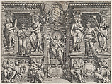 Allegorical thesis print with various figures, set in an architectural structure, Philippe Thomassin  French, Engraving