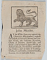 Trade Card of John Meader, Cabinets and Joyners Work, at the White Lyon in Aldermanbury, John Meader British, Woodcut