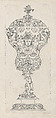 Covered Goblet, Pear shaped bidy on shaft og twisted tree-trunk with bear treed by dog, Jonas Silber  German, Metalcut, dotted print