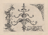 12 plates from 'A New Book of Ornaments with Twelve Leaves Consisting of Chimneys, Sconces, Tables, Spandle Panels, Spring Clock Cases, Stands, a Chandelier and Girandole, etc.', Designed and published by Matthias Lock (British, London ca. 1710–ca. 1765 London), Illustrations: etching