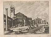 City with a Column and a Church, from "Roman Ruins and Buildings", Johannes van Doetecum I Netherlandish, Etching and engraving
