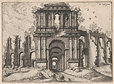 Two Story Entrance Flanked by Coupled Pilasters, from "Roman Ruins and Buildings", Johannes van Doetecum I Netherlandish, Etching and engraving