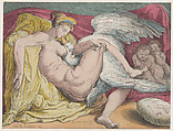 Leda and the Swan, Thomas Rowlandson British, Etching and stipple, hand-colored