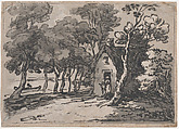 Wooded Scene With Figures at the Door of a Cottage, Thomas Rowlandson British, Soft-ground etching and aquatint