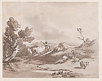 Landscape with a Figure Herding Cattle to Water, Thomas Rowlandson British, Etching, soft-ground etching and aquatint, printed in brown ink