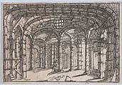 Interior of a prison in which sits a woman (possibly a theatre set), Carlo Antonio Buffagnotti  Italian, Etching
