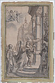 Design for a Frontispiece: A Man Guiding a Crowned Woman and her Attendants to the Entrance of a Palace, Grégoire Huret (French, Lyon 1606–1670 Paris), Pen and brown ink, brush and gray wash over traces of black chalk