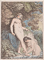 Two Nymphs Bathing, One Washing the Other's Foot, Thomas Rowlandson  British, Hand-colored etching and stipple