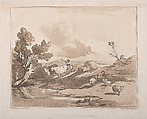 Landscape with a Figure Herding Cattle, and a Shepherd Resting, Thomas Rowlandson British, Etching, soft-ground etching and aquatint, printed in brown ink