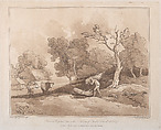 Landscape with a Figure Carrying a Bundle of Branches, a Copice Behind, Two Cows in a Field at Left, Thomas Rowlandson British, Etching, soft-ground etching and aquatint, printed in brown ink