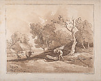 Landscape with a Figure Carrying a Bundle of Branches, a Copice Behind, Two Cows in a Field at Left, Thomas Rowlandson British, Etching, soft-ground etching and aquatint, printed in brown ink