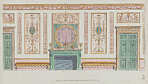 Interior Ornamented Wall with Doors and Fireplace, nos. 344–350, plate 52 from "Designs for Various Ornaments", Michelangelo Pergolesi  Italian, Etching; printed in dark brown ink, and watercolor