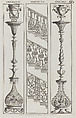 Candelabra Designs and Stair Railing Designs, nos. CCCXCV–CCCXCVII and 398–400, plate 60 from "Designs for Various Ornaments", Michelangelo Pergolesi  Italian, Etching