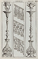 Candelabra Designs and Stair Railing Designs, nos. CCCXCV–CCCXCVII and 398–400, plate 60 from "Designs for Various Ornaments", Michelangelo Pergolesi  Italian, Etching