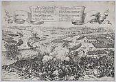 Battle scene: forces led by William of Orange crossing the Gete River to attack the Duke of Alba's army, from 'De Bello Belgico', Johann Wilhelm Baur  German, Etching