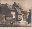 Houses along the Pegnitz River, Nuremberg, Anonymous, German, 20th century (Baukopf) German, Etching and drypoint