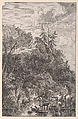 Plate 5: female figure on horseback and a male figure with a dog standing in a stream, pointing to a waterfall at left in the background, from 'Landscapes in the manner of Salvator Rosa' (Die Landschaften in Sal. Rosa's), Franz Joachim Beich  German, Etching