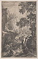 Plate 2: a hunter aiming with his gun, kneeling next to a large rock at right, a male figure with three chamois on a rock at left, from 'Landscapes in the manner of Salvator Rosa' (Die Landschaften in Sal. Rosa's), Franz Joachim Beich  German, Etching; second state of three