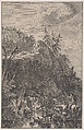 Plate 5: female figure on horseback and a male figure with a dog standing in a stream, pointing to a waterfall at left in the background, from 'Landscapes in the manner of Salvator Rosa' (Die Landschaften in Sal. Rosa's), Franz Joachim Beich  German, Etching; third state of three
