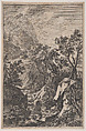 Plate 6: two male figures standing on a rock at right, a waterfall at center with another male figure on its left bank, from 'Landscapes in the manner of Salvator Rosa' (Die Landschaften in Sal. Rosa's), Franz Joachim Beich  German, Etching; first state of three