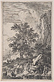 Plate 3: two goats on a lakeshore, two male figures and a dog at right, another peasant approaching with a mule at left in the background, from 'Landscapes in the manner of Salvator Rosa' (Die Landschaften in Sal. Rosa's), Franz Joachim Beich  German, Etching; second state of three