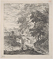 Plate 6: the stone bridge: a shepherd with two cows crossing the bridge, three male figures resting on the riverbank in the foreground, from 'Landscapes in the manner of Gaspar Dughet', Franz Joachim Beich  German, Etching; second state of two