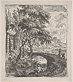 Plate 7: two figures at right about to cross a stone bridge, a fisherman in the foreground, from 'Landscapes in the manner of Gaspar Dughet', Franz Joachim Beich  German, Etching; second state of two
