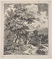 Plate 3: a shepherd seated on a hill, a cow and two sheep at left, and a town in right background, from 'Landscapes in the manner of Gaspar Dughet', Franz Joachim Beich  German, Etching; second state of two