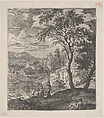 Plate 4: a peasant with a donkey on a riverbank, a woman walking towards him with a vase on her head, and a reclining figure at right in the foreground, from 'Landscapes in the manner of Gaspar Dughet', Franz Joachim Beich  German, Etching; second state of two