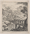 Two shepherds resting next to a pedestal, an aqueduct at right in the background, and a city on a hill at left in the background, from 'Landscapes in the manner of Gaspar Dughet', Franz Joachim Beich  German, Etching; fourth state of four
