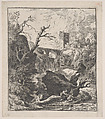 Plate 2: two figures sitting on a tree trunk on the bank of a stream in foreground, an aqueduct and tower in the background, from 'Landscapes in the manner of Gaspar Dughet', Franz Joachim Beich  German, Etching; second state of two