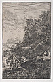Plate 1: a peasant checking the hoof of his mule by a stream, from 'Landscapes in the manner of Salvator Rosa' (Die Landschaften in Sal. Rosa's), Franz Joachim Beich  German, Etching