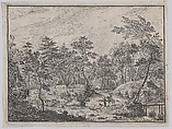 Forest landscape with a rider conversing with a man at center, a footbridge at right, Peter von Bemmel German, Etching