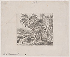 Landscape with a man and a dog at lower left, two trees and a house at right, hills in far distance, Bartholomaeus Ignaz Weiss  German, Etching