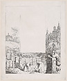 Plate 5: women collecting plants and carrying them over their heads, a male onlooker at right and a castle at right in the background, from "Lieder eines Malers mit Randzeichnungen seiner Freunde", Eduard Julius Friedrich Bendemann German, Etching