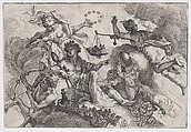 Summer: allegorical scene with figures seated on clouds with bunches of grapes, Johann Georg Bergmüller  German, Etching