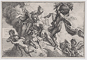 Autumn: allegorical scene with figures seated on clouds with a bull and ram, Johann Georg Bergmüller  German, Etching