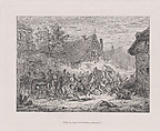 Military scene with a battle in a village, August Beck Swiss, Etching