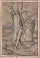 Saint Sebastian, Gerolamo Giovenone  Italian, Pen and brown ink, brush with gray and brown wash, white gouache, over some black chalk on light brown paper; the figure and parts of the tree are drawn on the basis of a dotted black-chalk underdrawing (spolvero marks).