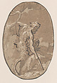 Marsyas drawing the Syrinx from the river, Niccolò Vicentino (Italian, active ca. 1510–ca. 1550), Chiaroscuro woodcut from four blocks in brown, trimmed around oval