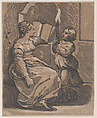 A Sibyl Reading a book facing right, Ugo da Carpi  Italian, Chiaroscuro woodcut from two blocks in brown