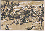 David and Goliath, Ugo da Carpi  Italian, Chiaroscuro woodcut from three blocks in green